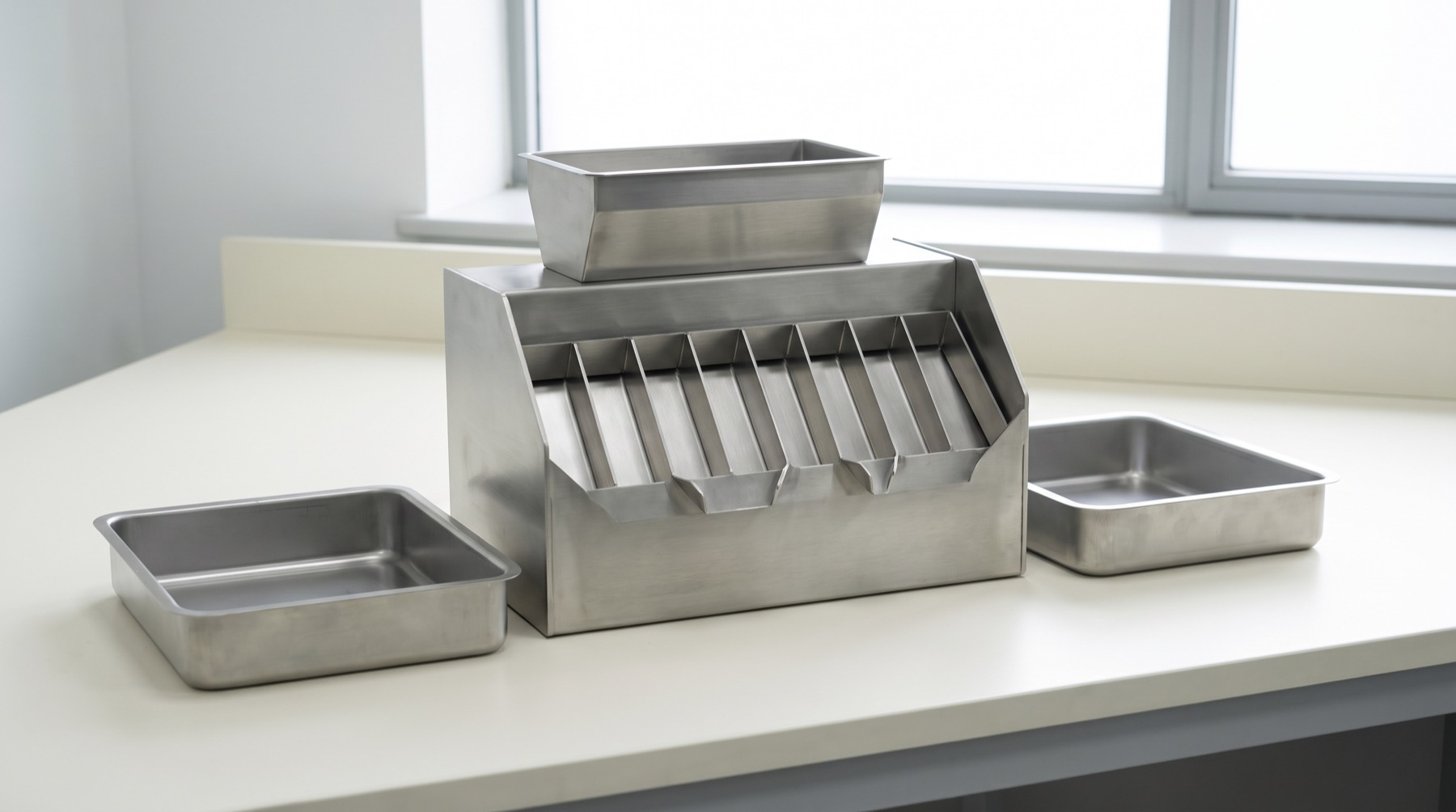 A metal riffle splitter with alternating chutes standing on a bench between two identical collection trays